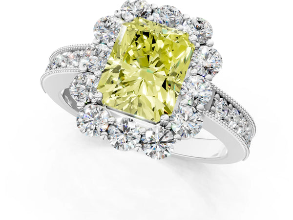 White gold Fancy Yellow Radiant Cut Cut Halo Diamond Pavé Engagement Ring with Milgrain Detailing