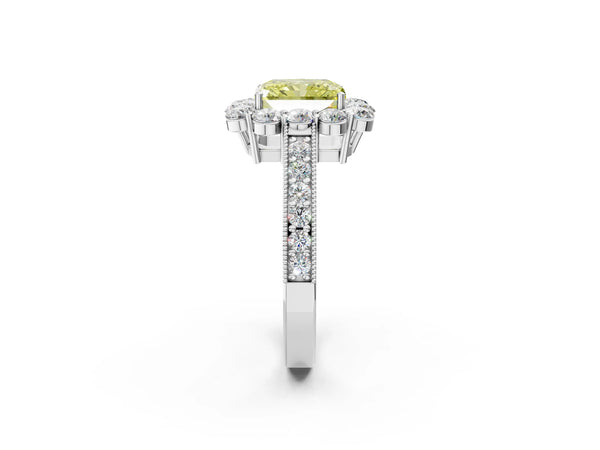 White gold Fancy Yellow Radiant Cut Cut Halo Diamond Pavé Engagement Ring with Milgrain Detailing