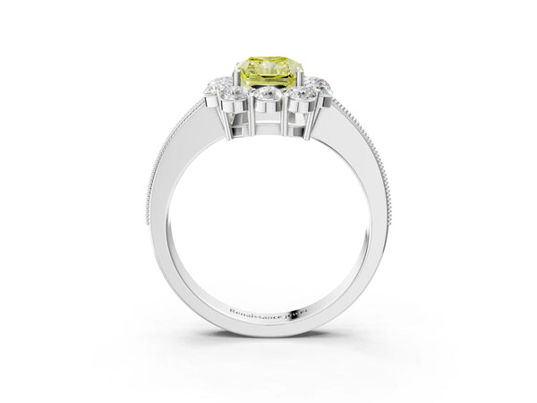 White gold Fancy Yellow Radiant Cut Cut Halo Diamond Pavé Engagement Ring with Milgrain Detailing