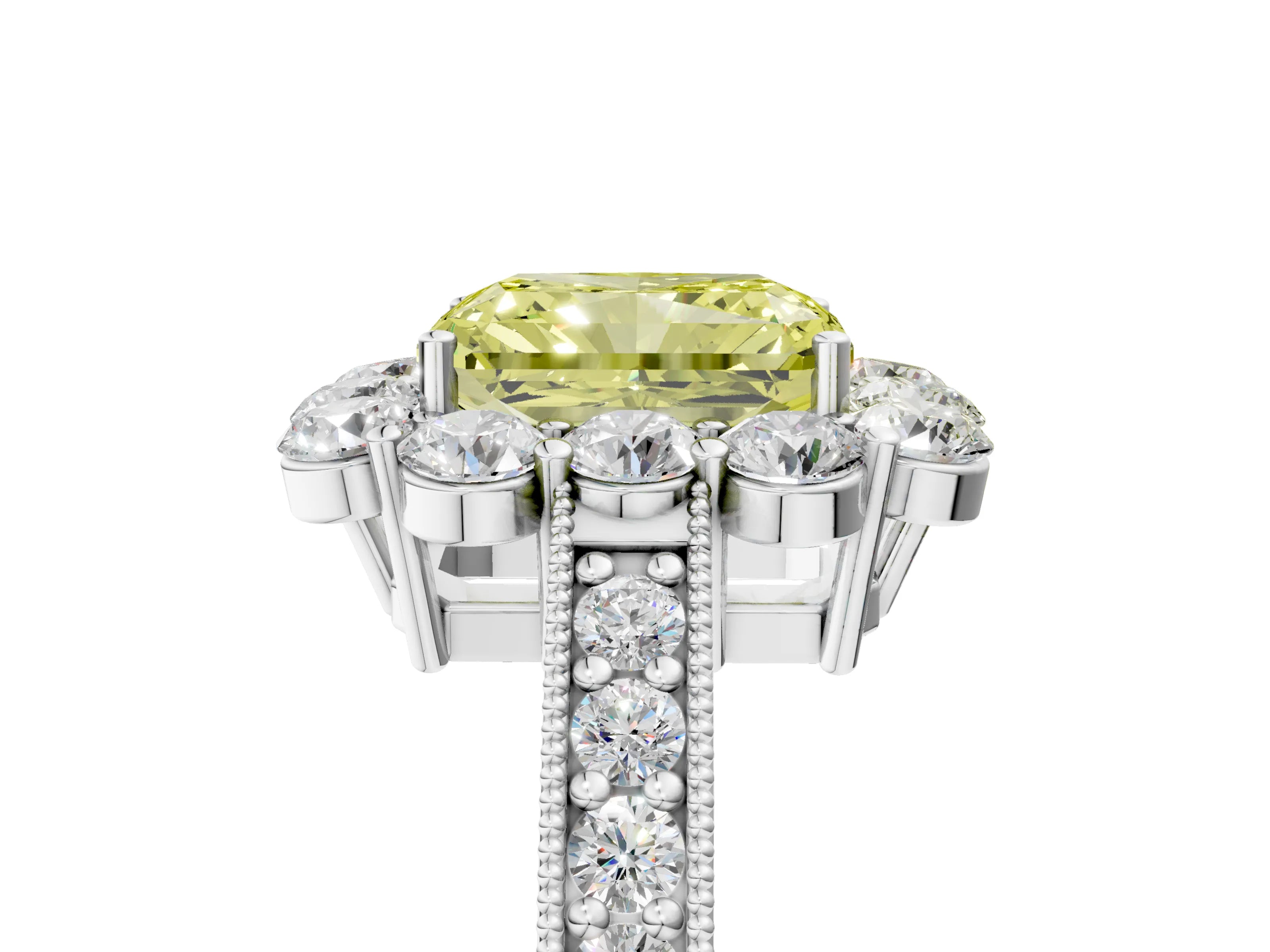 White gold Fancy Yellow Radiant Cut Cut Halo Diamond Pavé Engagement Ring with Milgrain Detailing_17