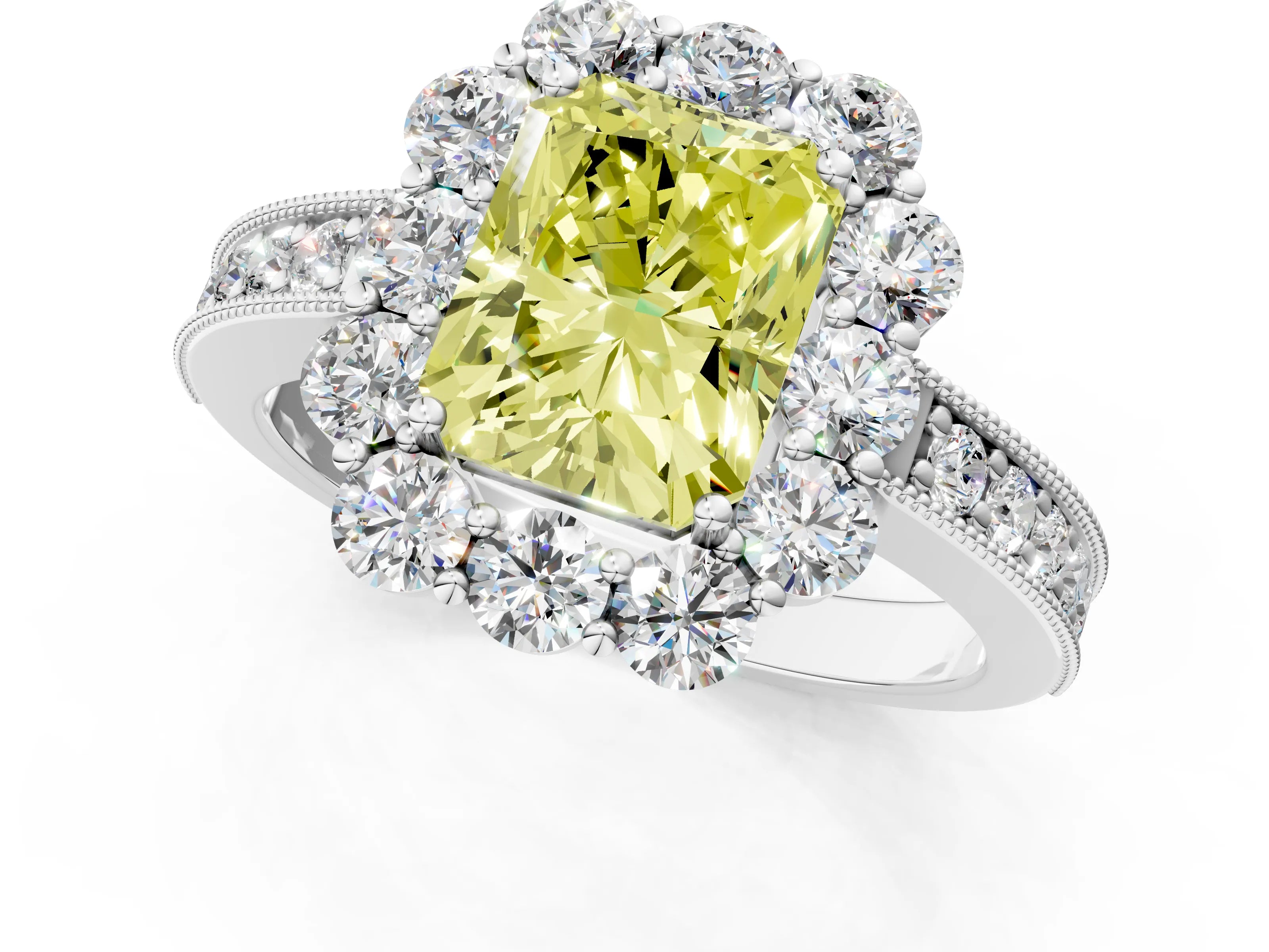 White gold Fancy Yellow Radiant Cut Cut Halo Diamond Pavé Engagement Ring with Milgrain Detailing_1