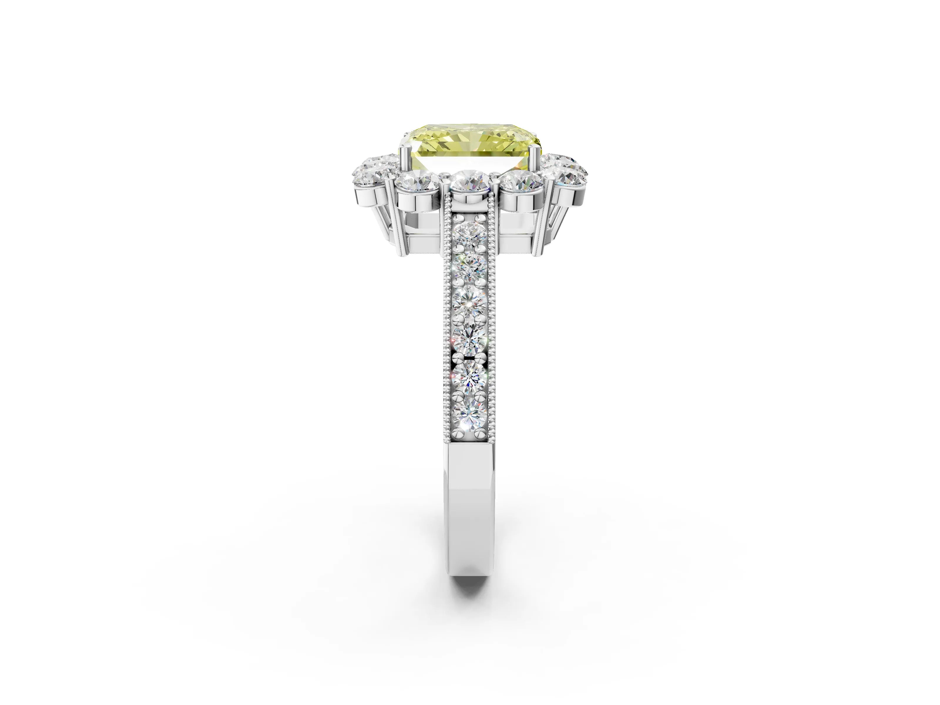 White gold Fancy Yellow Radiant Cut Cut Halo Diamond Pavé Engagement Ring with Milgrain Detailing_2