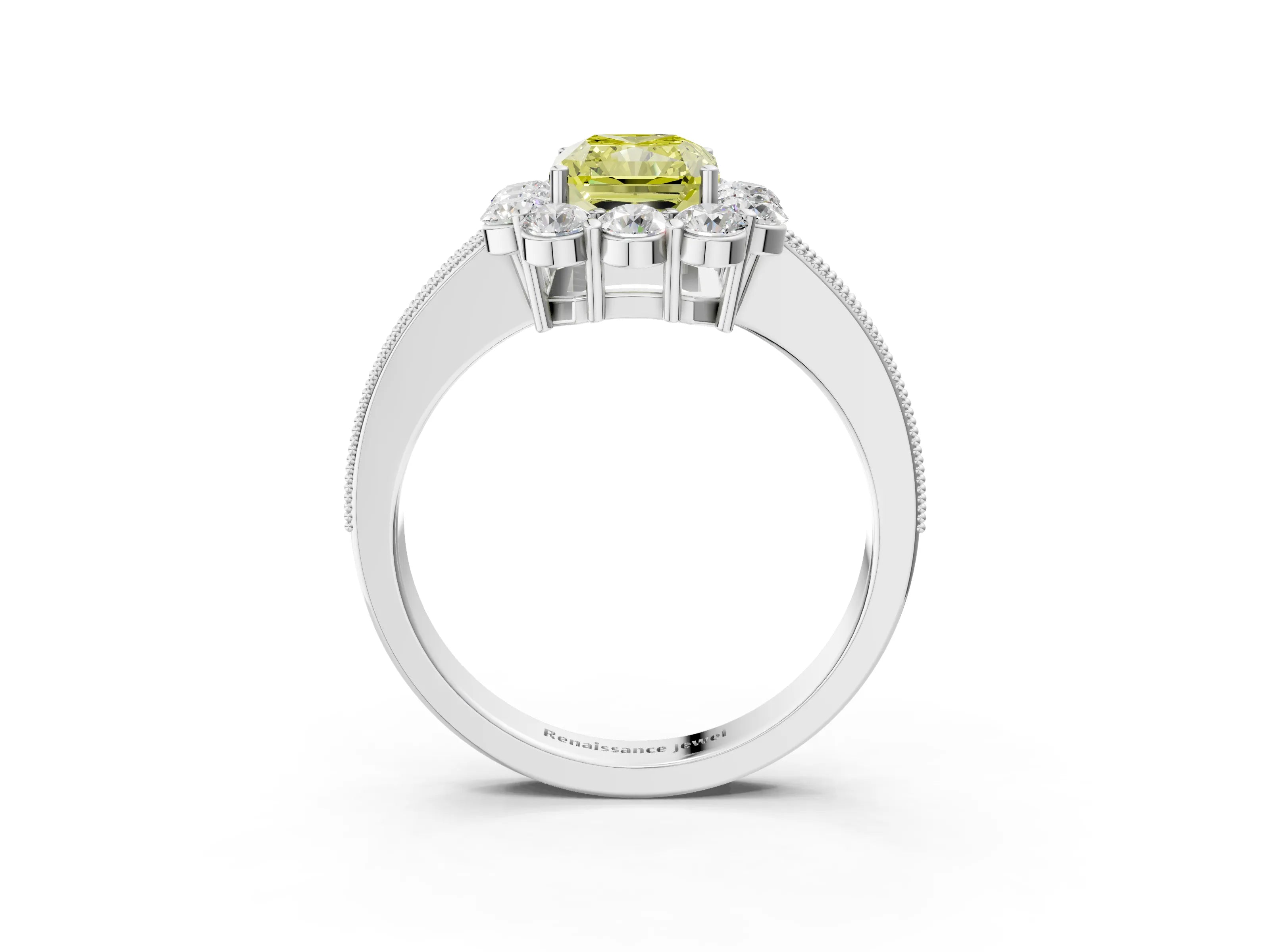 White gold Fancy Yellow Radiant Cut Cut Halo Diamond Pavé Engagement Ring with Milgrain Detailing_3