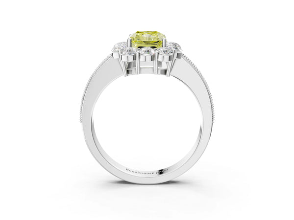 White gold Fancy Yellow Radiant Cut Cut Halo Diamond Pavé Engagement Ring with Milgrain Detailing