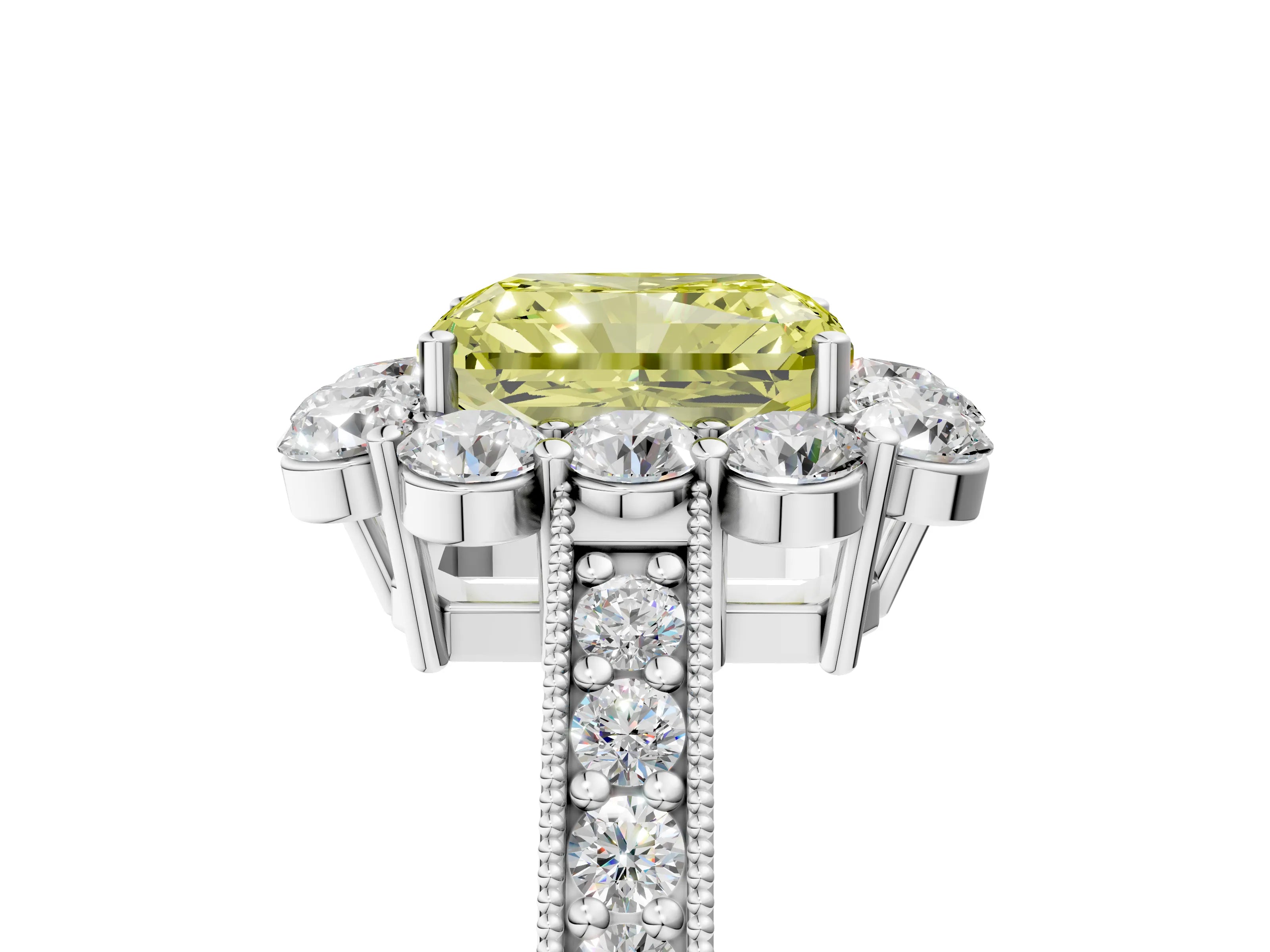 White gold Fancy Yellow Radiant Cut Cut Halo Diamond Pavé Engagement Ring with Milgrain Detailing_5