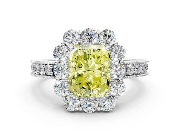 White gold Fancy Yellow Radiant Cut Cut Halo Diamond Pavé Engagement Ring with Milgrain Detailing