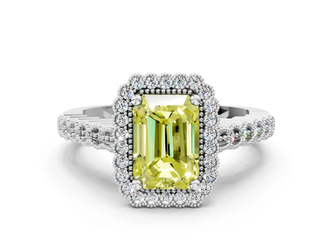 White gold Fancy Yellow Radiant Cut Cut Halo Pavé Solitaire Ring with Milgrain Band