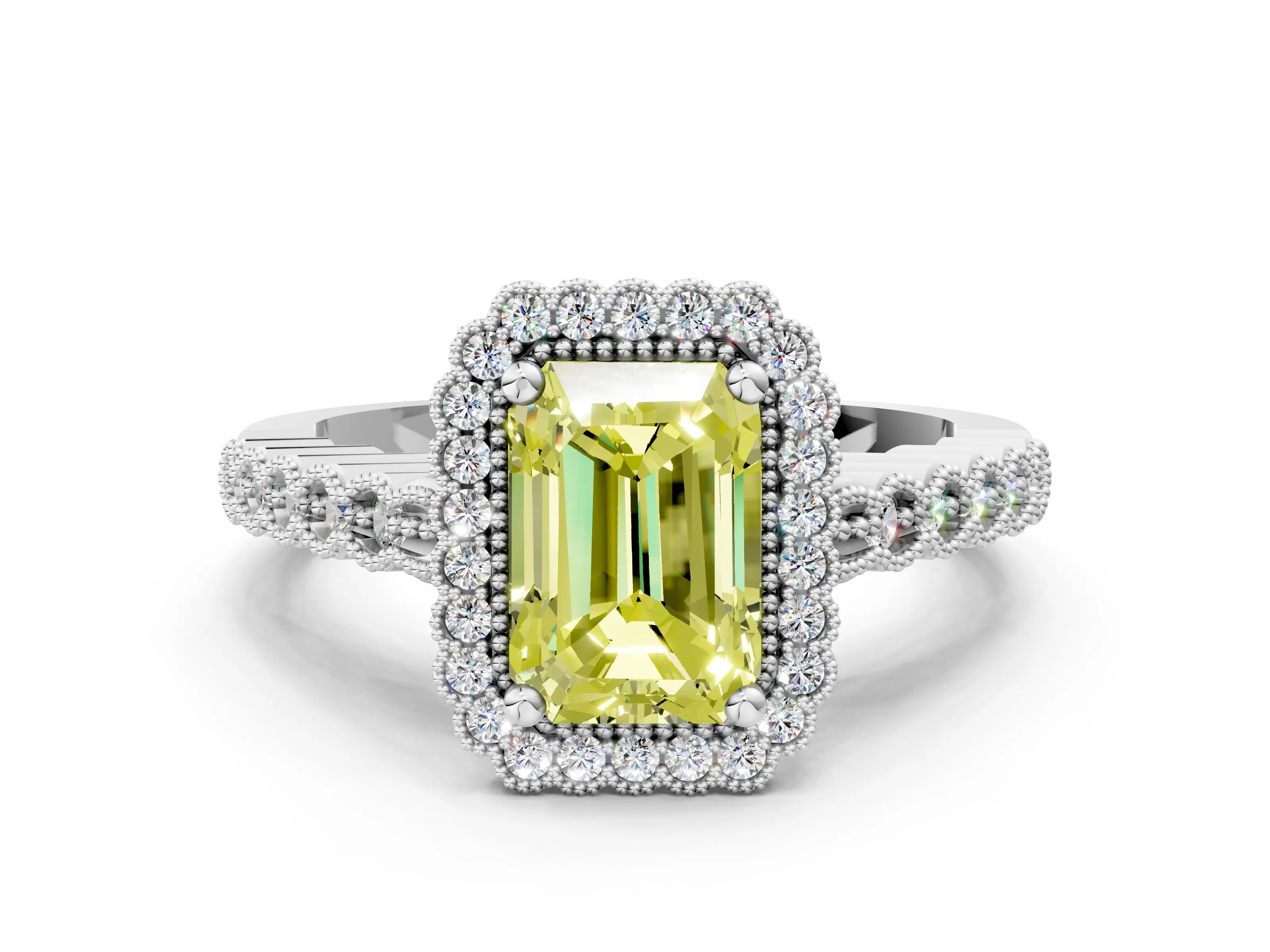 White gold Fancy Yellow Radiant Cut Cut Halo Pavé Solitaire Ring with Milgrain Band_12