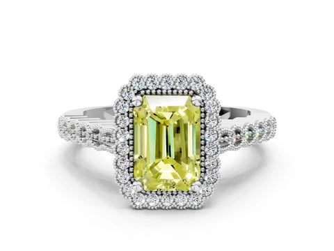 White gold Fancy Yellow Radiant Cut Cut Halo Pavé Solitaire Ring with Milgrain Band_12