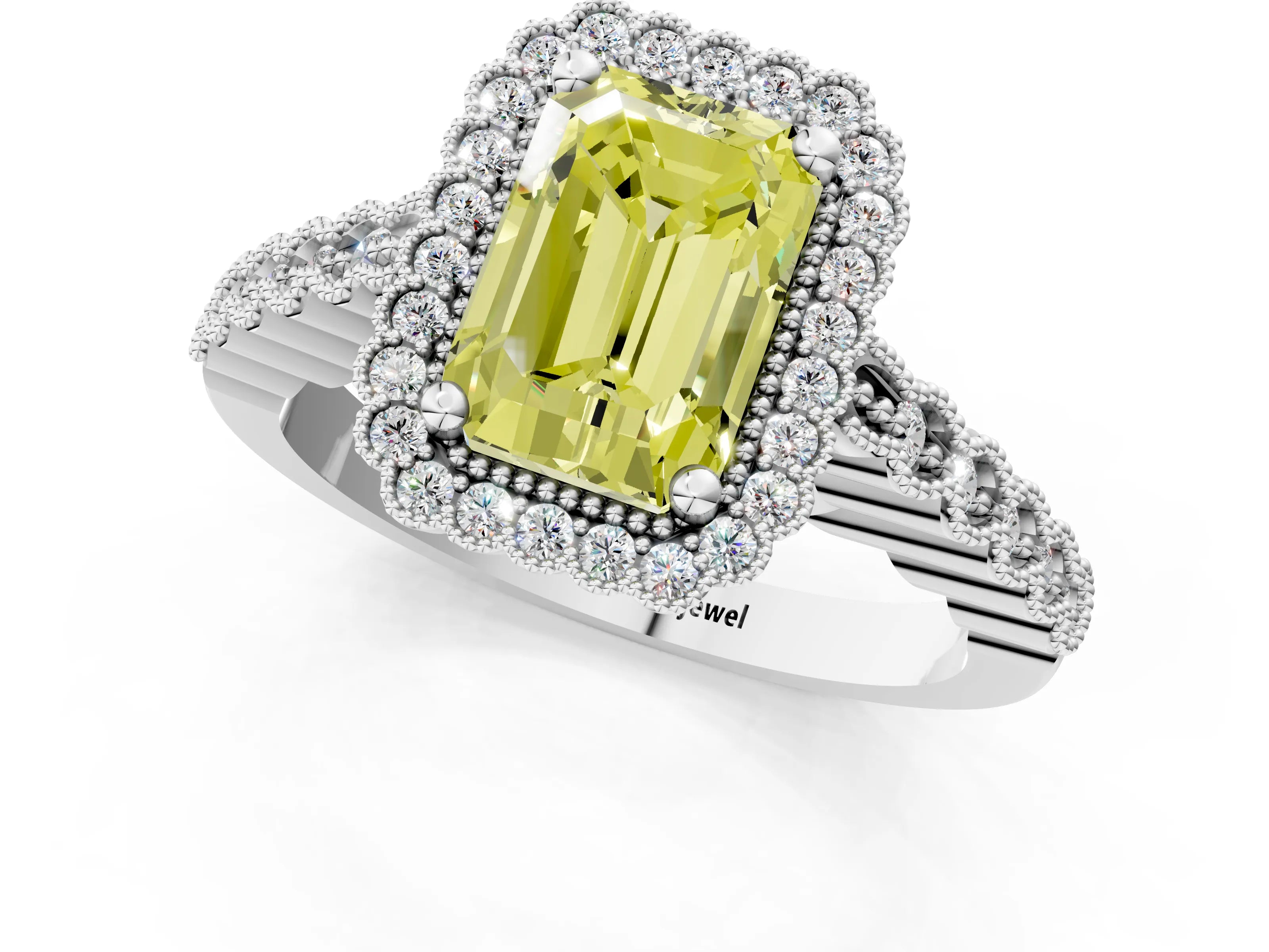 White gold Fancy Yellow Radiant Cut Cut Halo Pavé Solitaire Ring with Milgrain Band_13