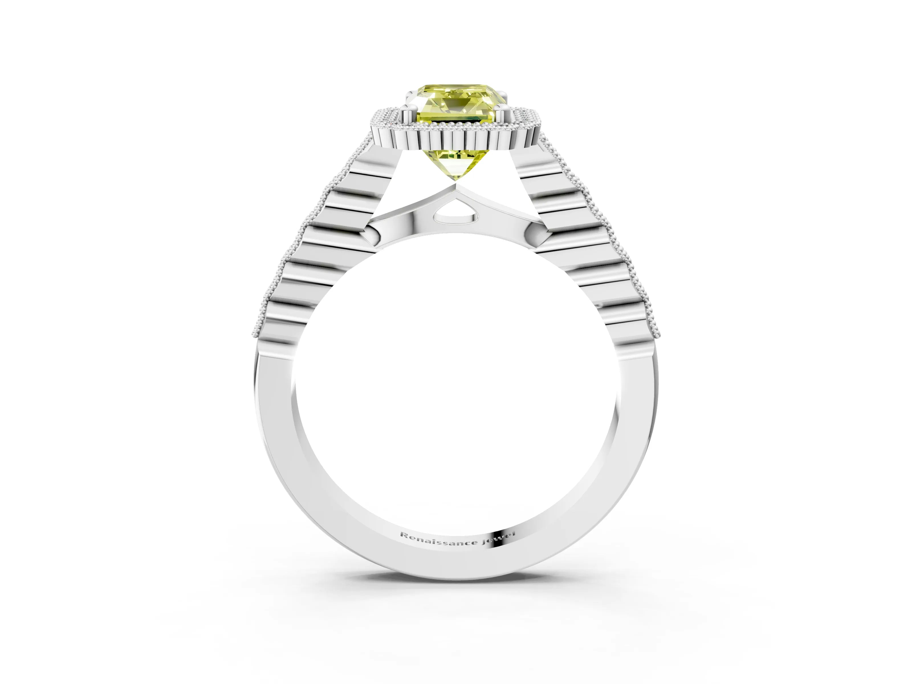 White gold Fancy Yellow Radiant Cut Cut Halo Pavé Solitaire Ring with Milgrain Band_15