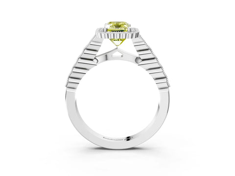 White gold Fancy Yellow Radiant Cut Cut Halo Pavé Solitaire Ring with Milgrain Band_15