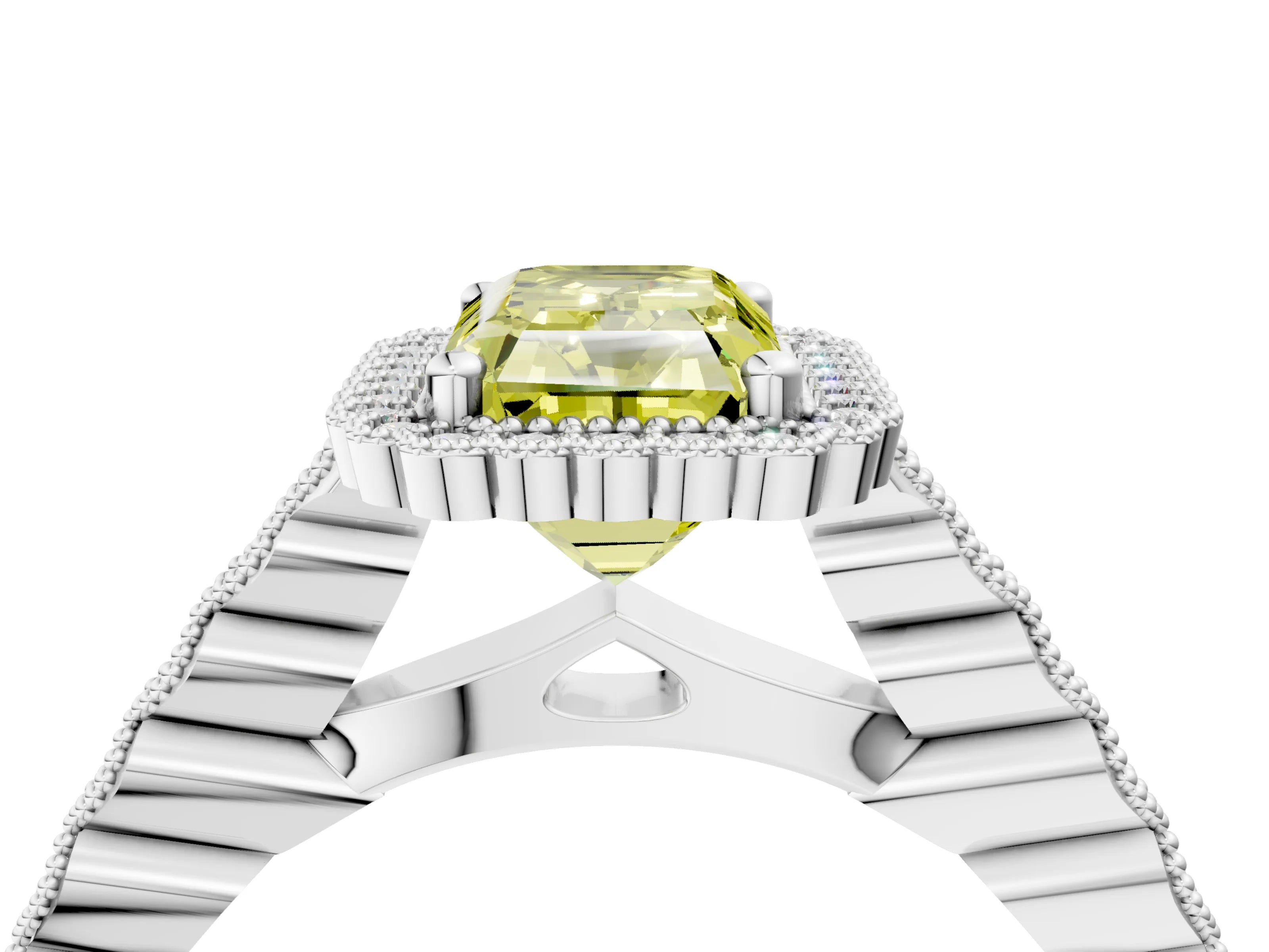 White gold Fancy Yellow Radiant Cut Cut Halo Pavé Solitaire Ring with Milgrain Band_16