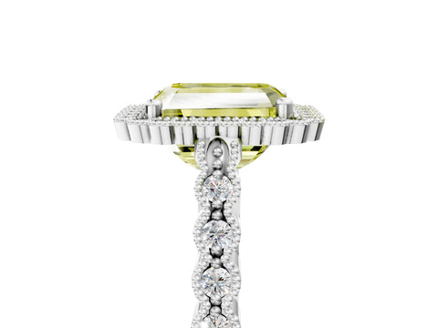 White gold Fancy Yellow Radiant Cut Cut Halo Pavé Solitaire Ring with Milgrain Band_17