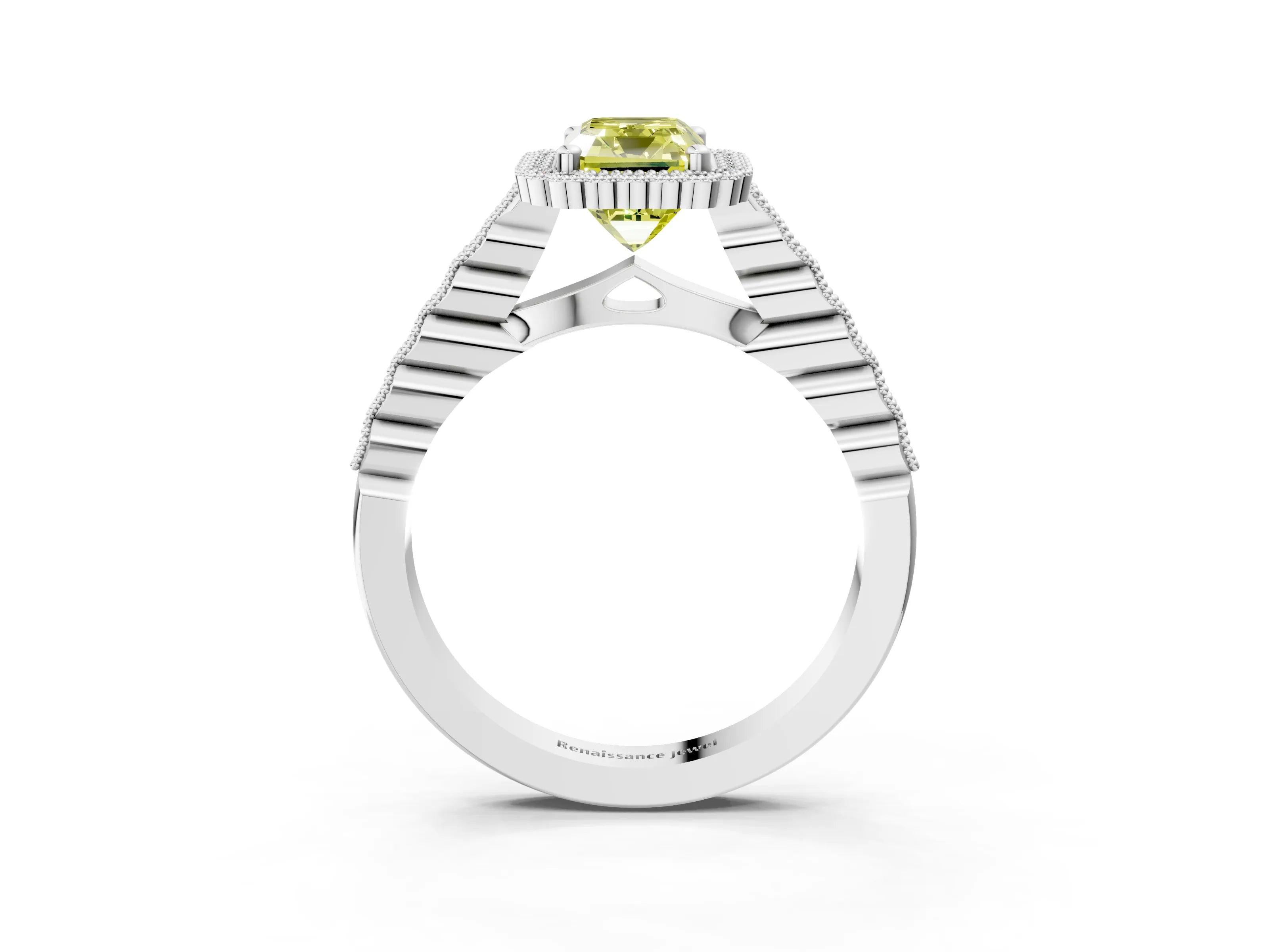 White gold Fancy Yellow Radiant Cut Cut Halo Pavé Solitaire Ring with Milgrain Band_3