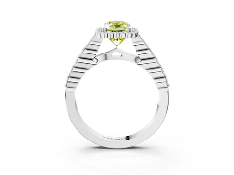White gold Fancy Yellow Radiant Cut Cut Halo Pavé Solitaire Ring with Milgrain Band_3