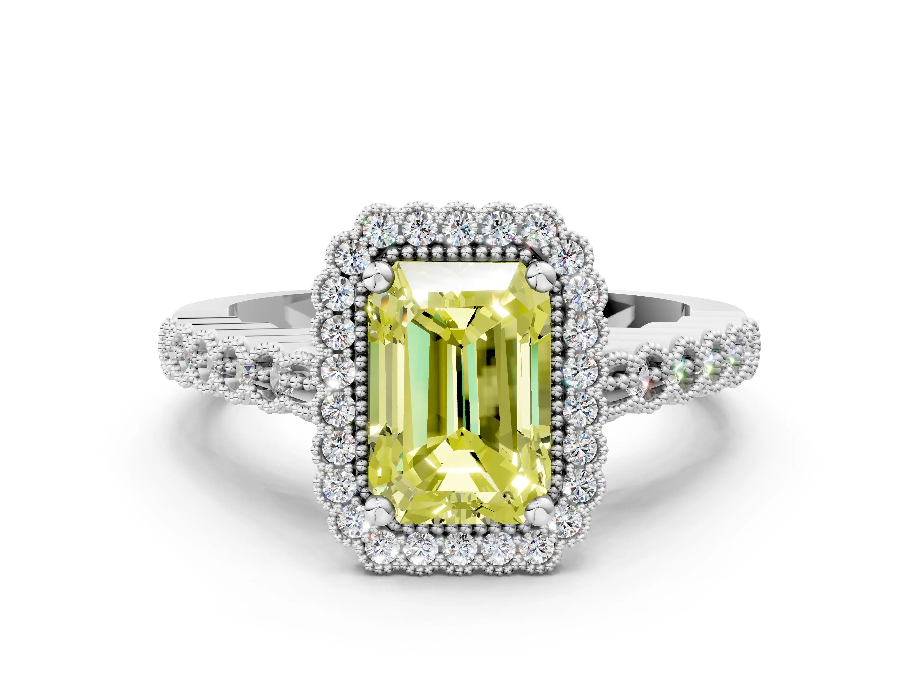White gold Fancy Yellow Radiant Cut Cut Halo Pavé Solitaire Ring with Milgrain Band