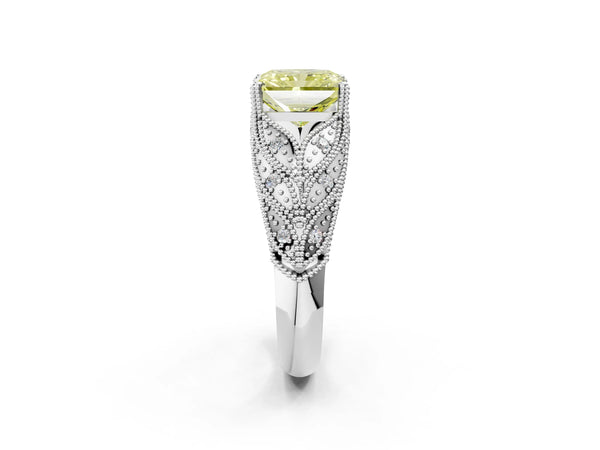 Platinum Fancy Yellow Radiant Cut Cut Milgrain Pave Diamond Engagement Ring with Four-Prong Setting