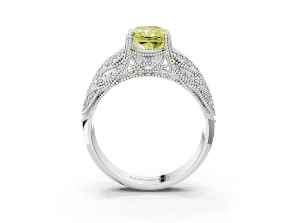 Platinum Fancy Yellow Radiant Cut Cut Milgrain Pave Diamond Engagement Ring with Four-Prong Setting