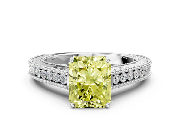 Platinum Radiant Cut Vintage Pave Engagement Ring Setting for Fancy Yellow Center