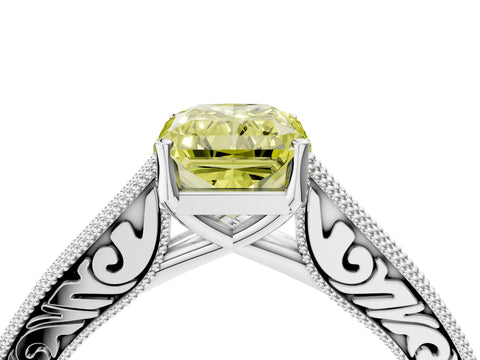 White gold Fancy Yellow Radiant Cut Cut Pave Band Milgrain Solitaire Ring_10