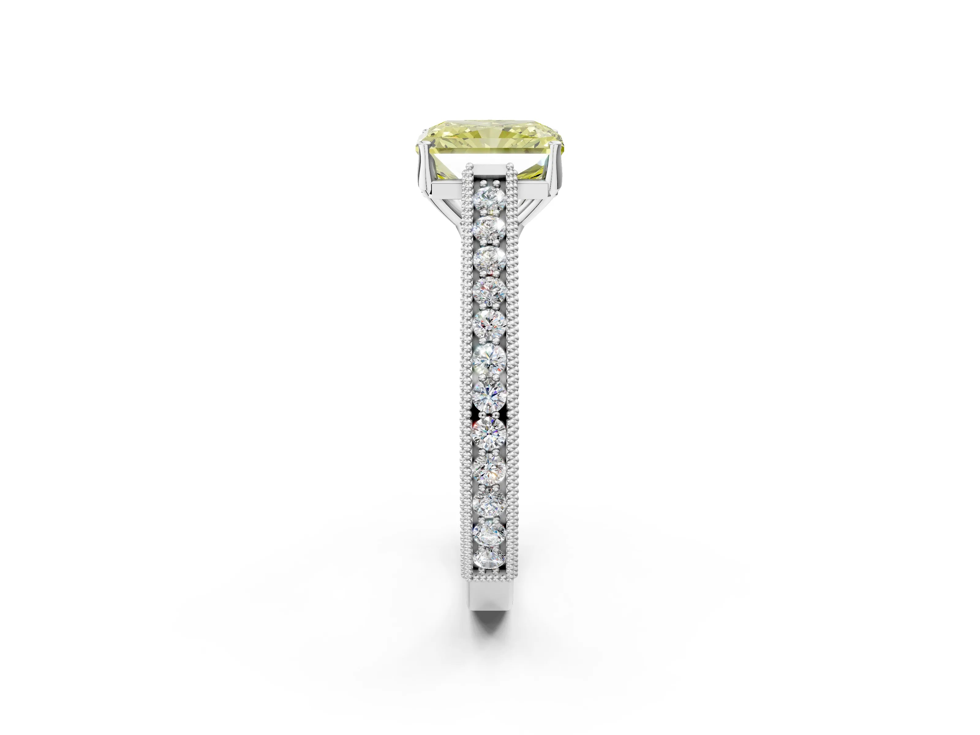 White gold Fancy Yellow Radiant Cut Cut Pave Band Milgrain Solitaire Ring_2