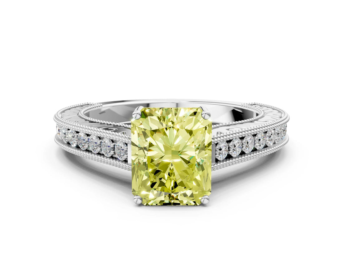 White gold Fancy Yellow Radiant Cut Cut Pave Band Milgrain Solitaire Ring_6