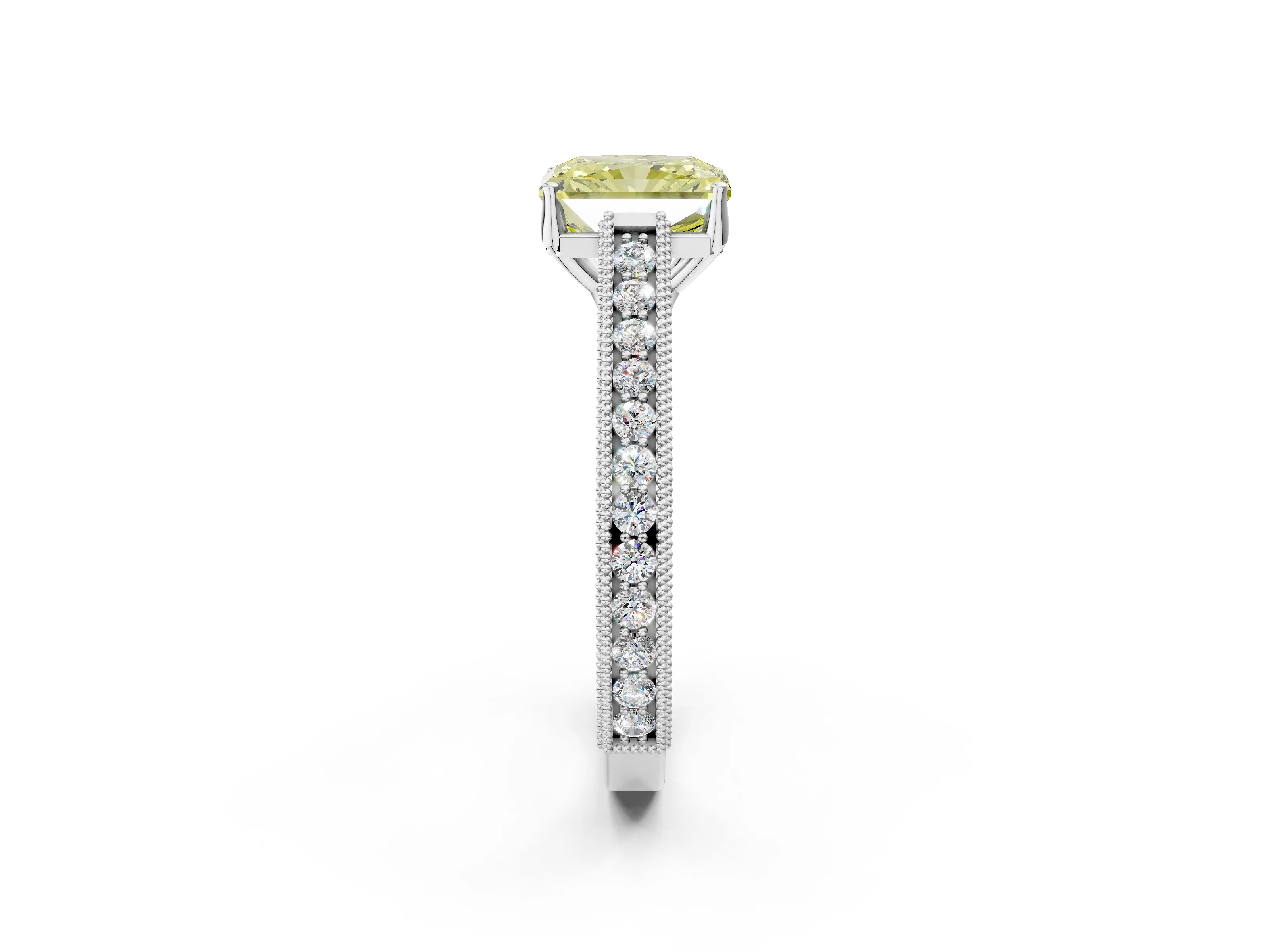 White gold Fancy Yellow Radiant Cut Cut Pave Band Milgrain Solitaire Ring_8