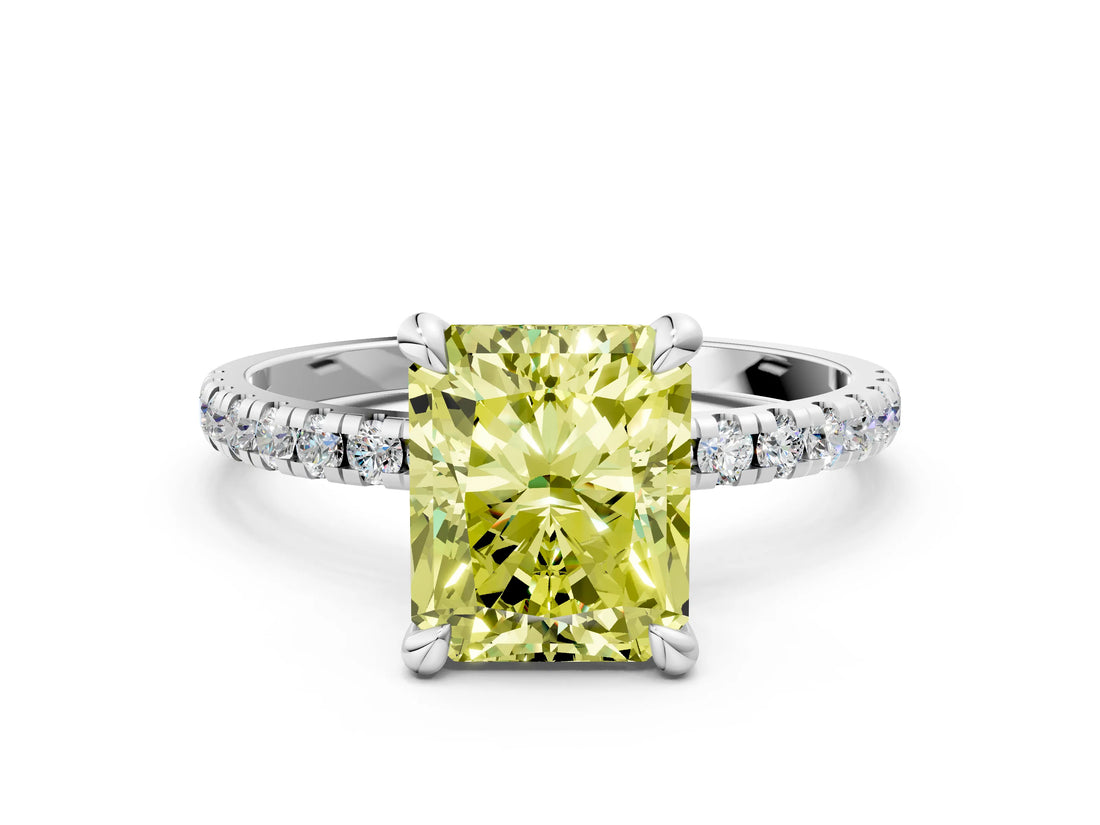 White gold Fancy Yellow Radiant Cut Diamond Brilliant Solitaire Ring with Pavé Band and Four-Prong Setting_12