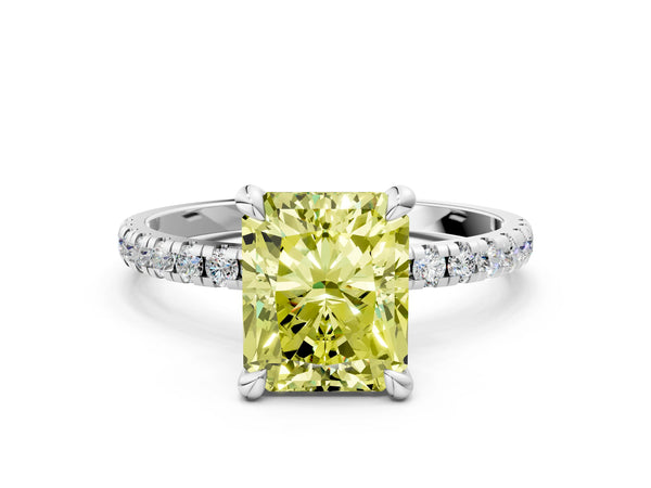 White gold Fancy Yellow Radiant Cut Diamond Brilliant Solitaire Ring with Pavé Band and Four-Prong Setting