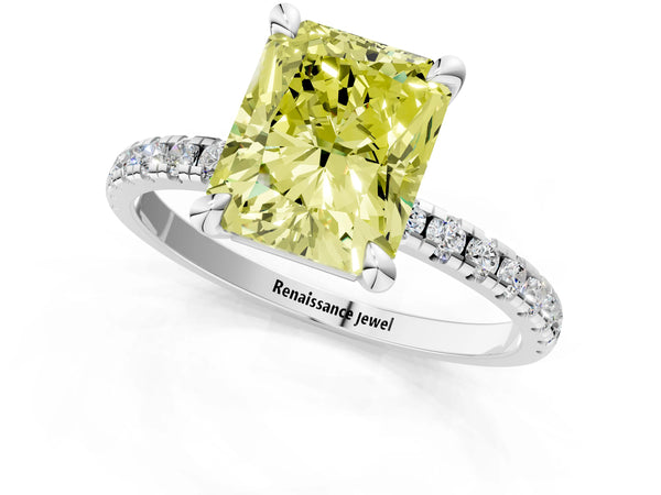 White gold Fancy Yellow Radiant Cut Diamond Brilliant Solitaire Ring with Pavé Band and Four-Prong Setting