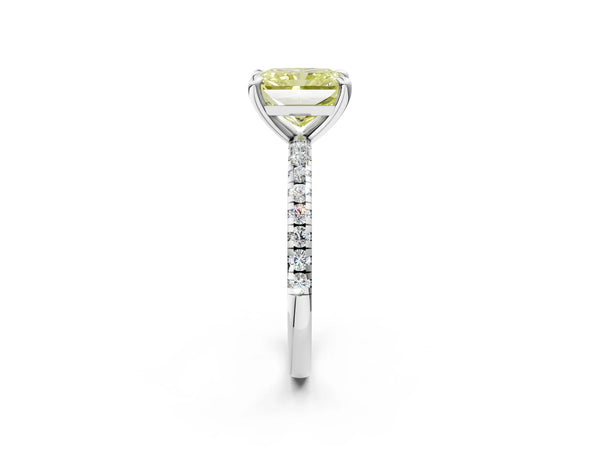 White gold Fancy Yellow Radiant Cut Diamond Brilliant Solitaire Ring with Pavé Band and Four-Prong Setting