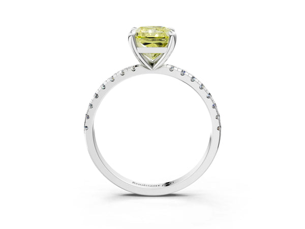 White gold Fancy Yellow Radiant Cut Diamond Brilliant Solitaire Ring with Pavé Band and Four-Prong Setting