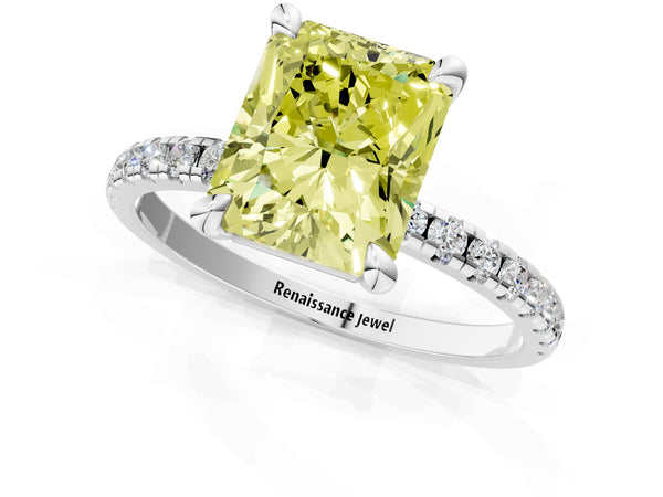 White gold Fancy Yellow Radiant Cut Diamond Brilliant Solitaire Ring with Pavé Band and Four-Prong Setting