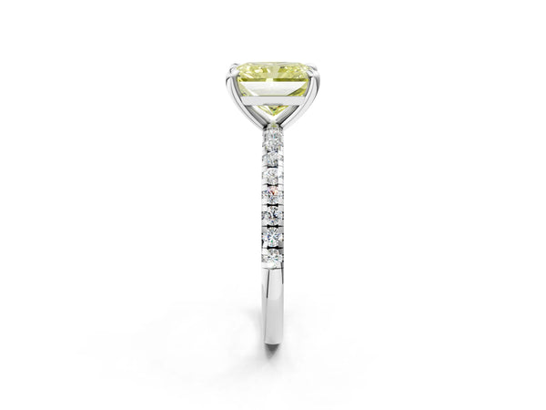 White gold Fancy Yellow Radiant Cut Diamond Brilliant Solitaire Ring with Pavé Band and Four-Prong Setting