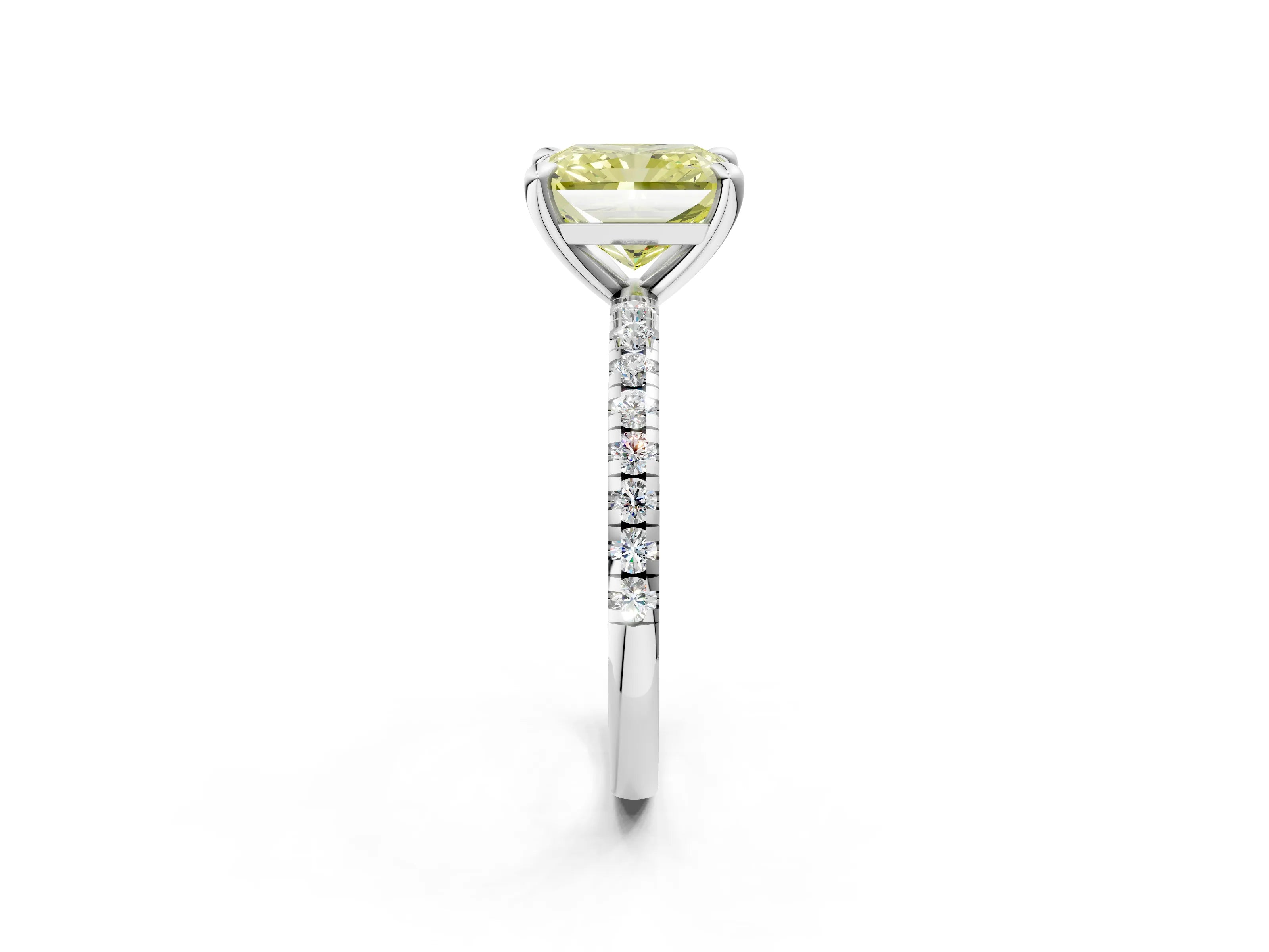 White gold Fancy Yellow Radiant Cut Diamond Brilliant Solitaire Ring with Pavé Band and Four-Prong Setting_2