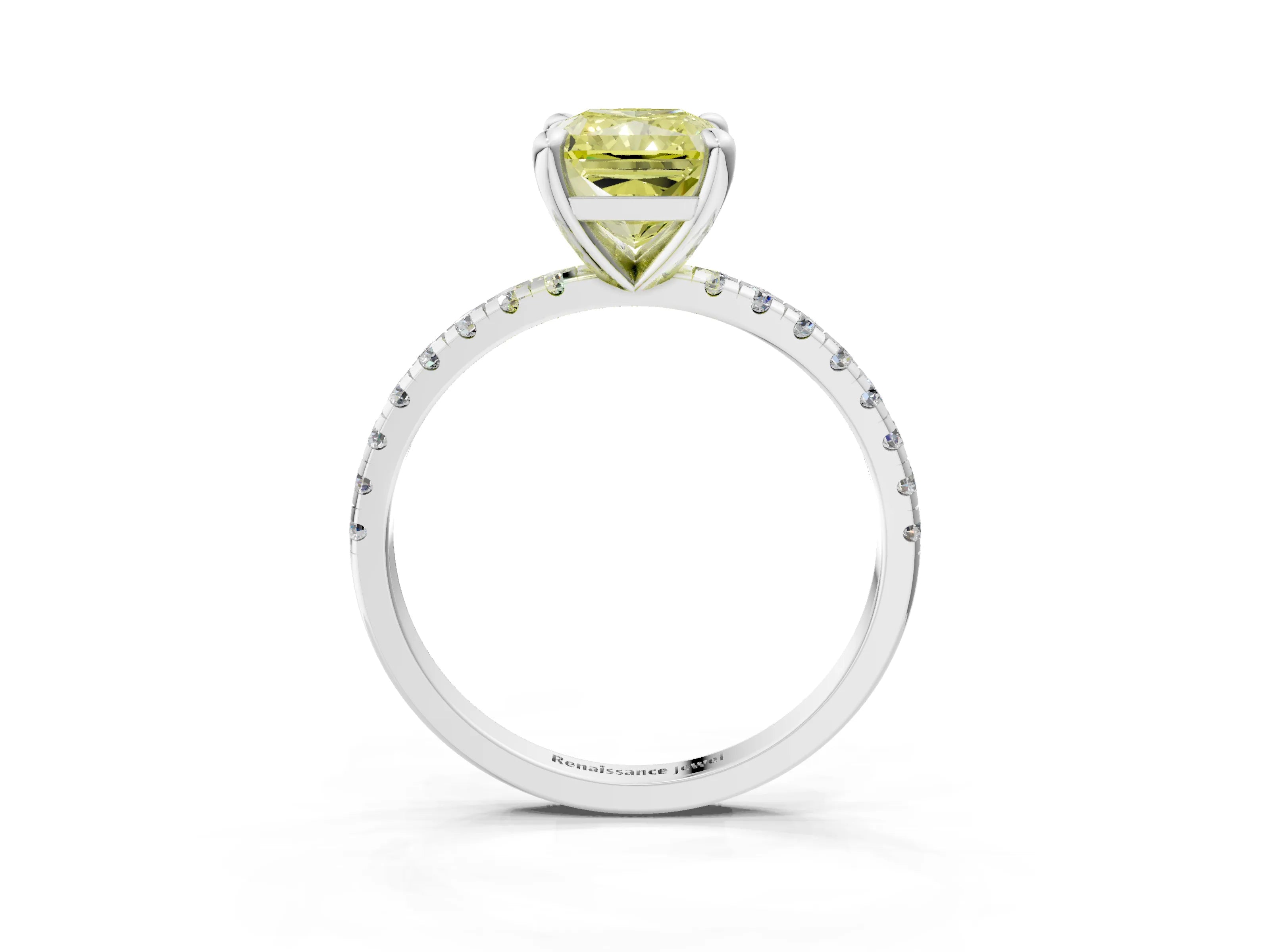 White gold Fancy Yellow Radiant Cut Diamond Brilliant Solitaire Ring with Pavé Band and Four-Prong Setting_3