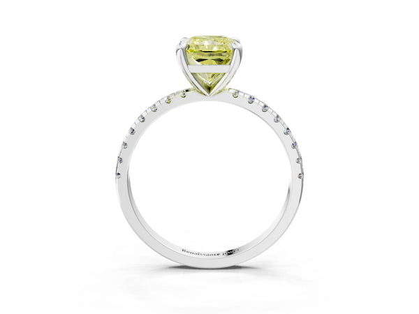White gold Fancy Yellow Radiant Cut Diamond Brilliant Solitaire Ring with Pavé Band and Four-Prong Setting