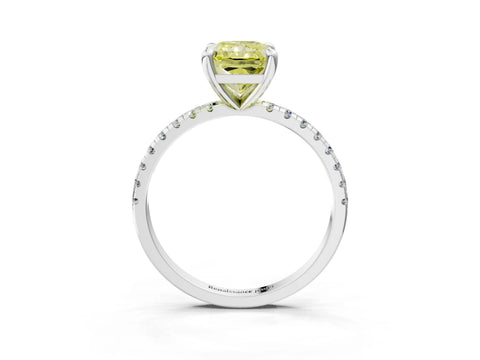 White gold Fancy Yellow Radiant Cut Diamond Brilliant Solitaire Ring with Pavé Band and Four-Prong Setting_3