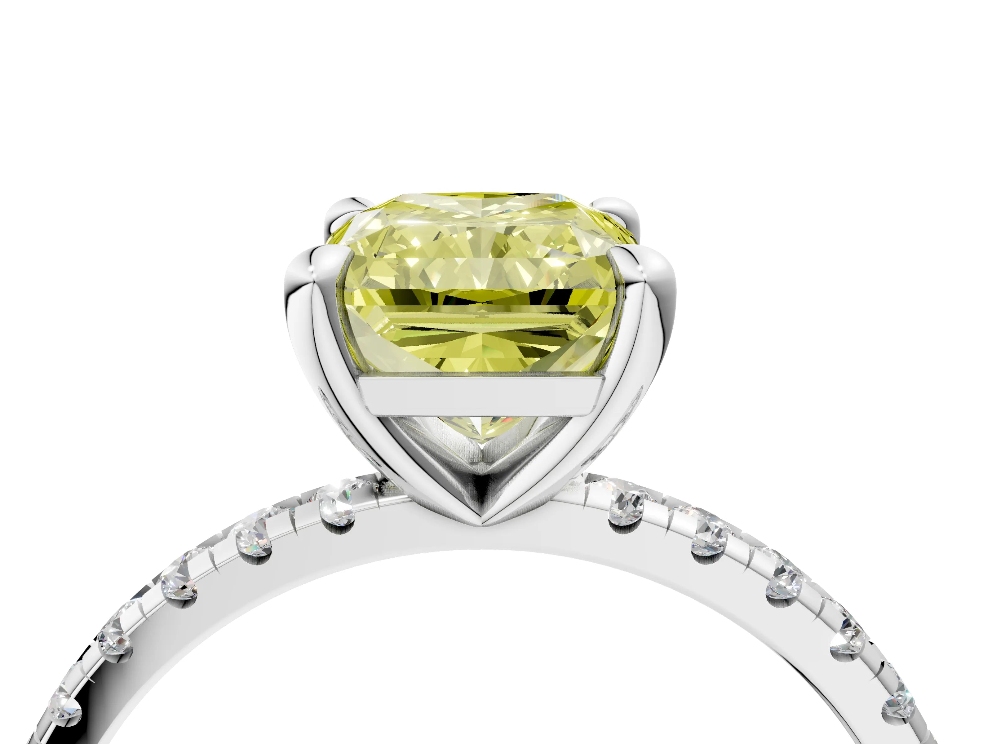 White gold Fancy Yellow Radiant Cut Diamond Brilliant Solitaire Ring with Pavé Band and Four-Prong Setting_4