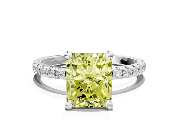 White gold Fancy Yellow Radiant Cut Diamond Brilliant Solitaire Ring with Pavé Band and Four-Prong Setting