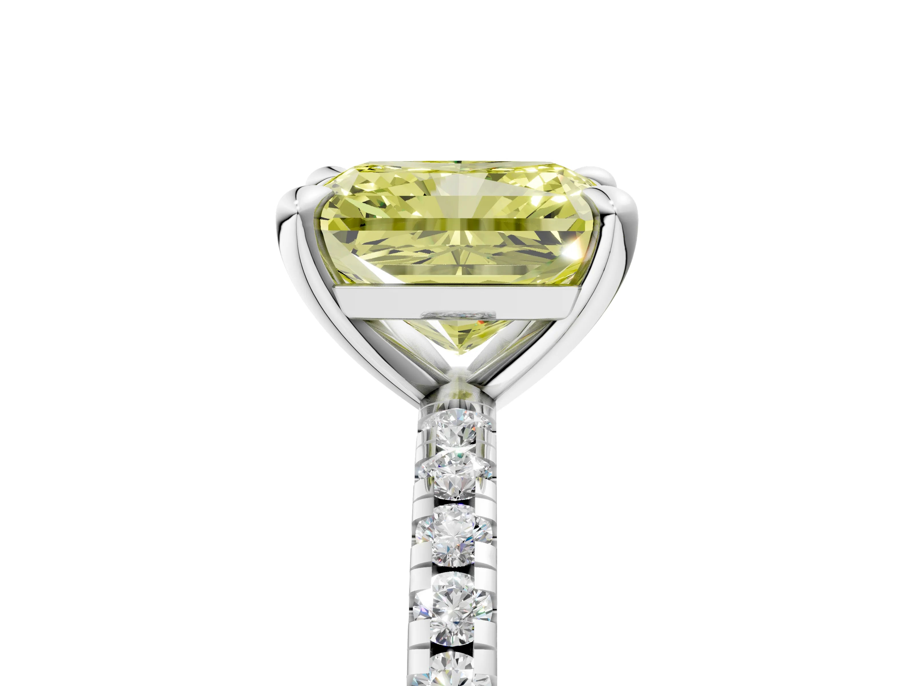 White gold Fancy Yellow Radiant Cut Diamond Brilliant Solitaire Ring with Pavé Band and Four-Prong Setting_5