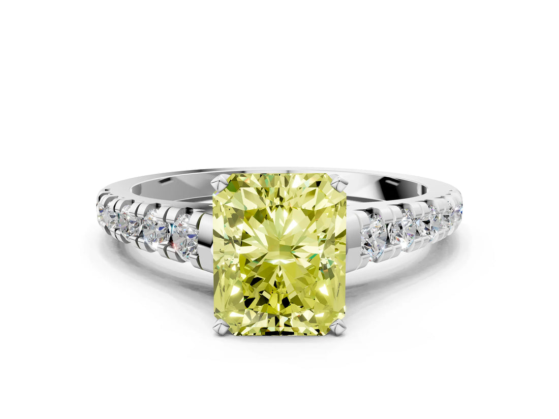 White gold Fancy Yellow Radiant Cut Diamond Cathedral Solitaire Ring with Round  Pavé Band_215