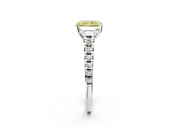 White Gold Radiant Cut Graduated Cathedral Engagement Ring Setting for Fancy Yellow Center
