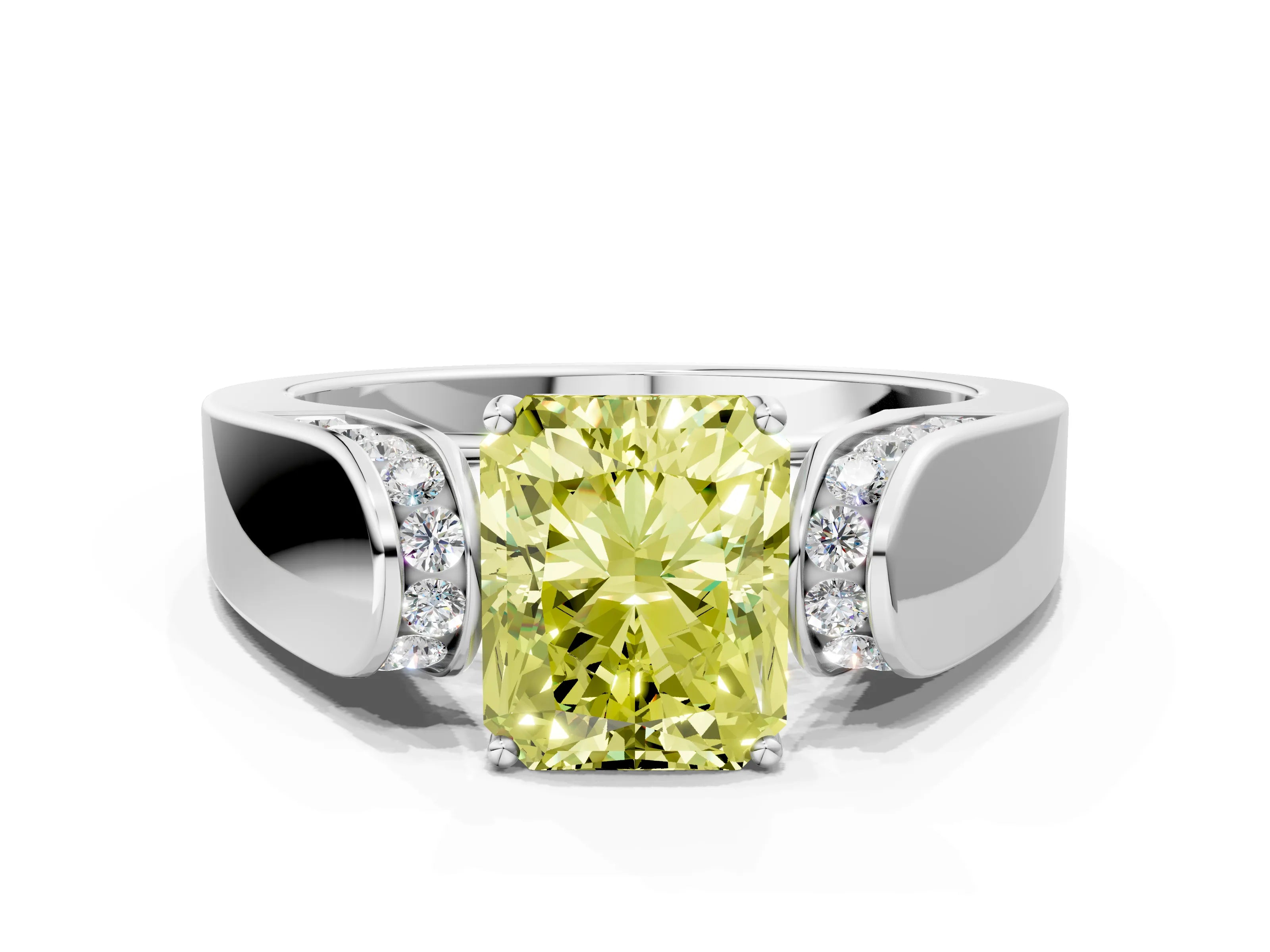 White gold Fancy Yellow Radiant Cut Diamond Channel Set Solitaire Ring with Four-Prong Setting_42