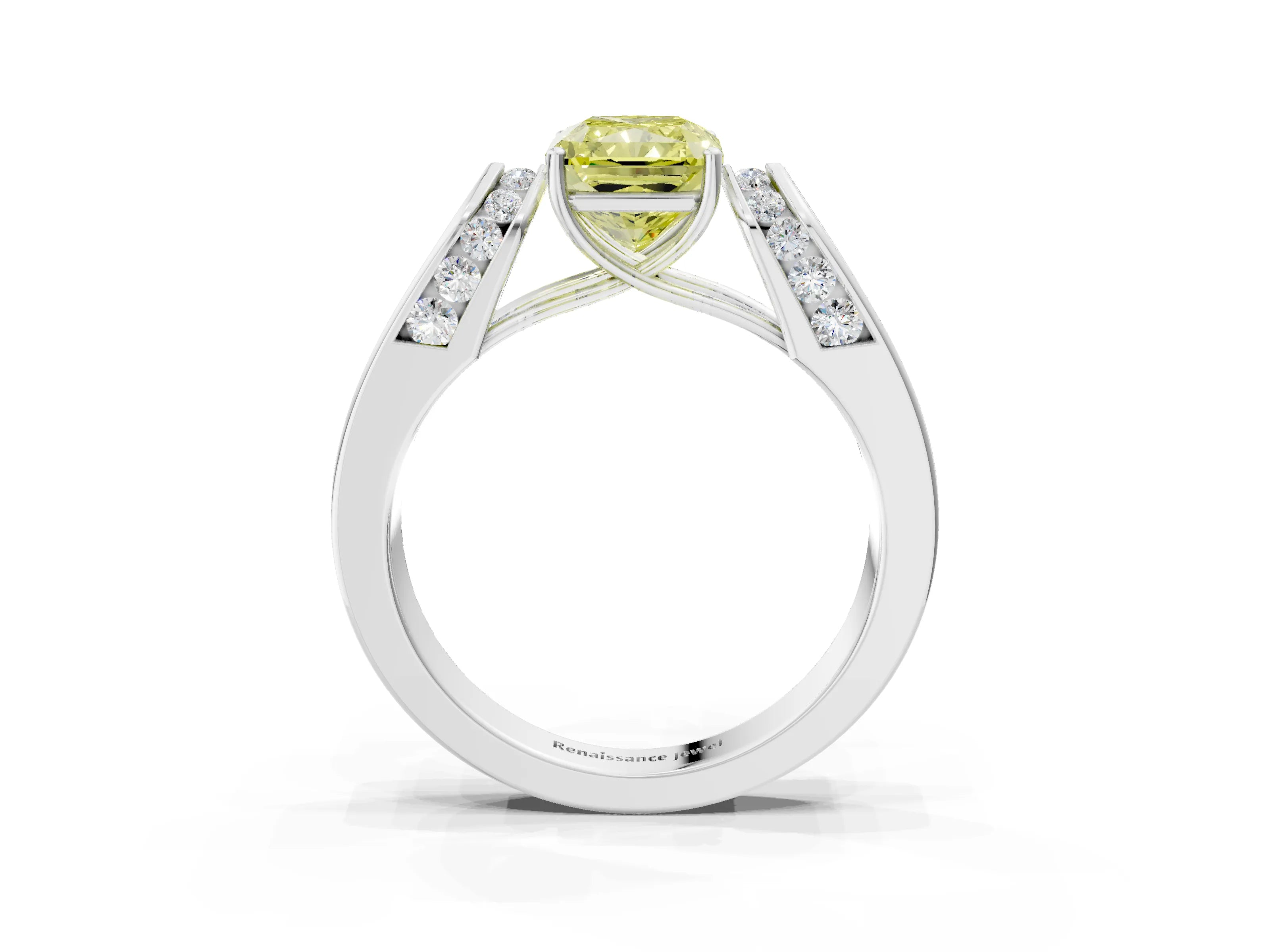White gold Fancy Yellow Radiant Cut Diamond Channel Set Solitaire Ring with Four-Prong Setting_48