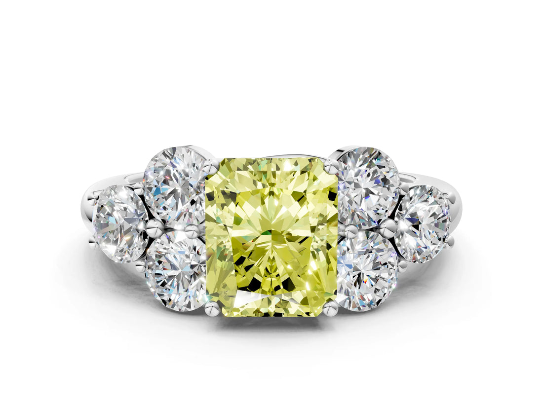 White gold Fancy Yellow Radiant  Cut Diamond Cluster Ring with Round Accent Stones and Prong Setting on a Classic Band_49
