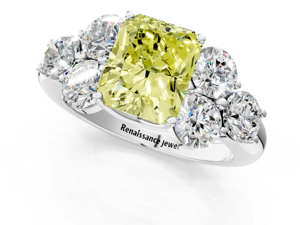 Platinum Fancy Yellow Radiant  Cut Diamond Cluster Ring with Round Accent Stones and Prong Setting on a Classic Band