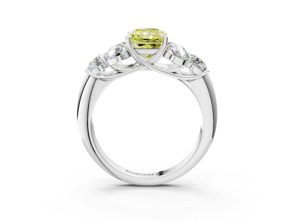 Platinum Fancy Yellow Radiant  Cut Diamond Cluster Ring with Round Accent Stones and Prong Setting on a Classic Band