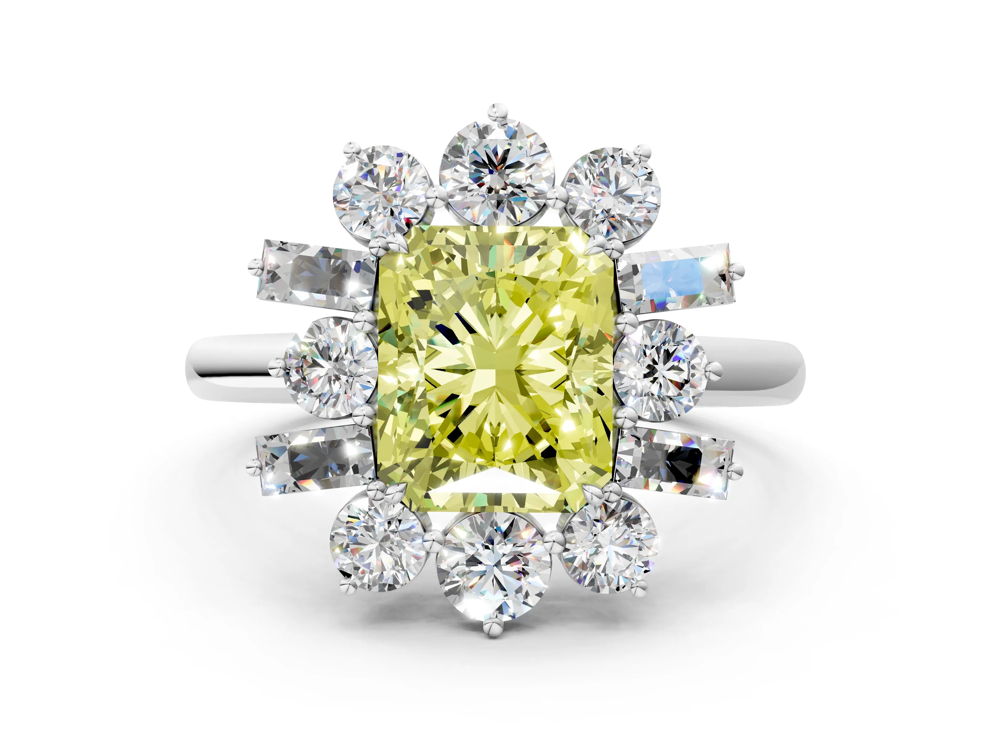 White gold Fancy Yellow Radiant Cut Diamond Cluster Ring with Round and Baguette Stones, Split Shank Band, Prong Setting
